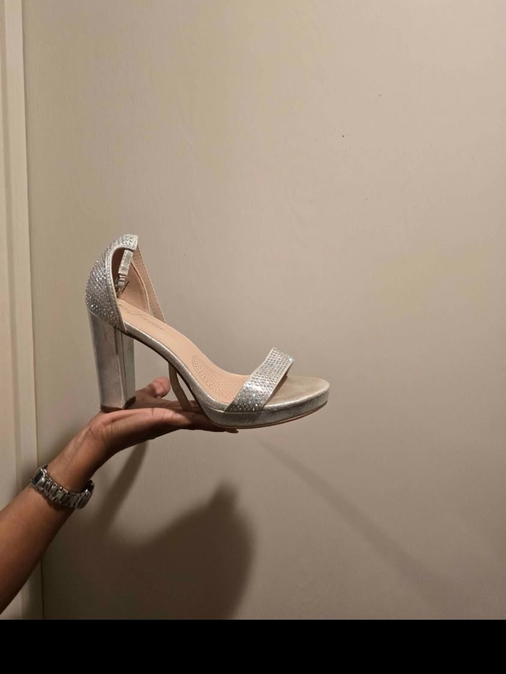 Sparkling Silver Block Heel Sandal with Ankle Strap